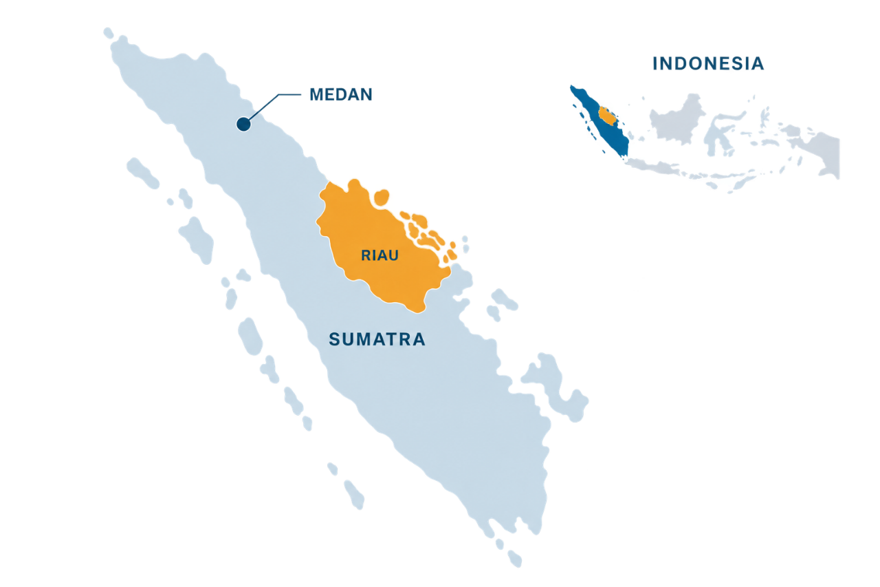 AJP sourcing map of Sumatra with Riau highlighted and Indonesia locator inset