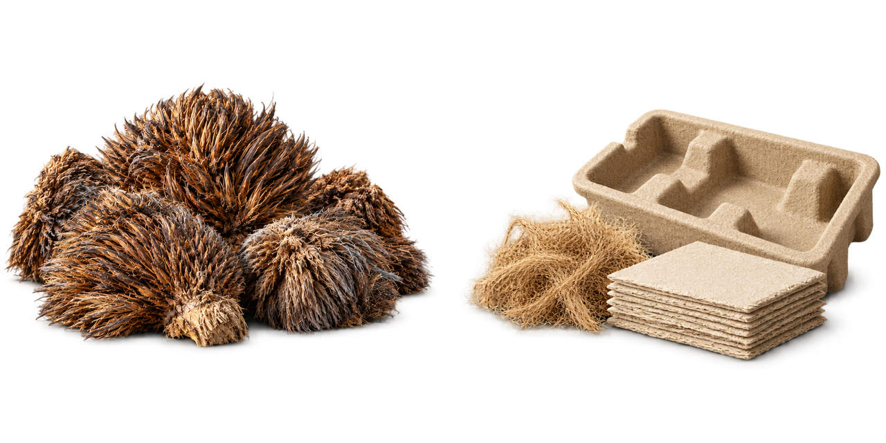 Empty fruit bunches alongside prepared fibre, pulp and packaging samples