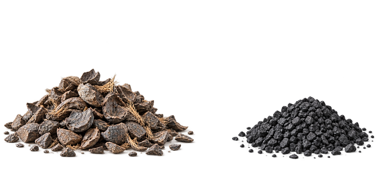 Palm kernel shells alongside granular activated carbon, illustrating a potential processing route