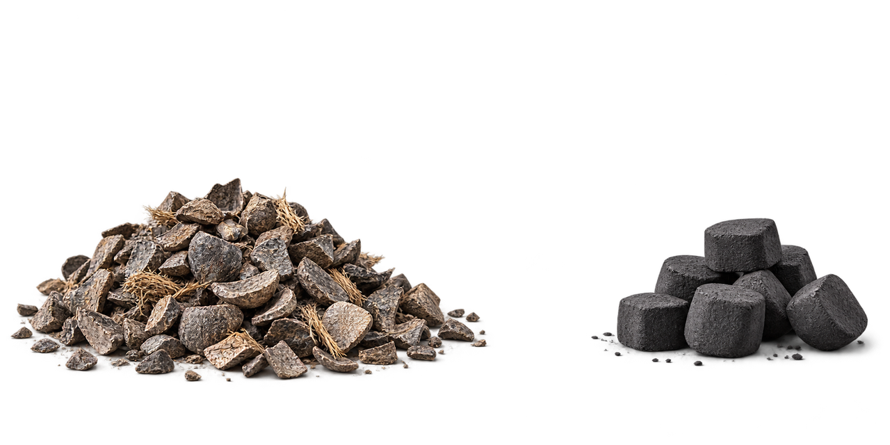 Palm kernel shells alongside formed biocarbon briquettes, illustrating a potential processing route