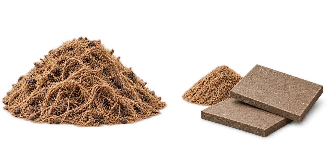 Palm mesocarp fibre alongside prepared fibre and composite samples