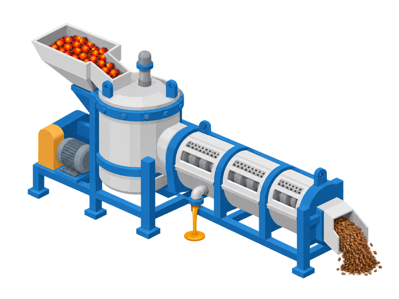 Illustration of digestion and screw pressing equipment extracting oil
