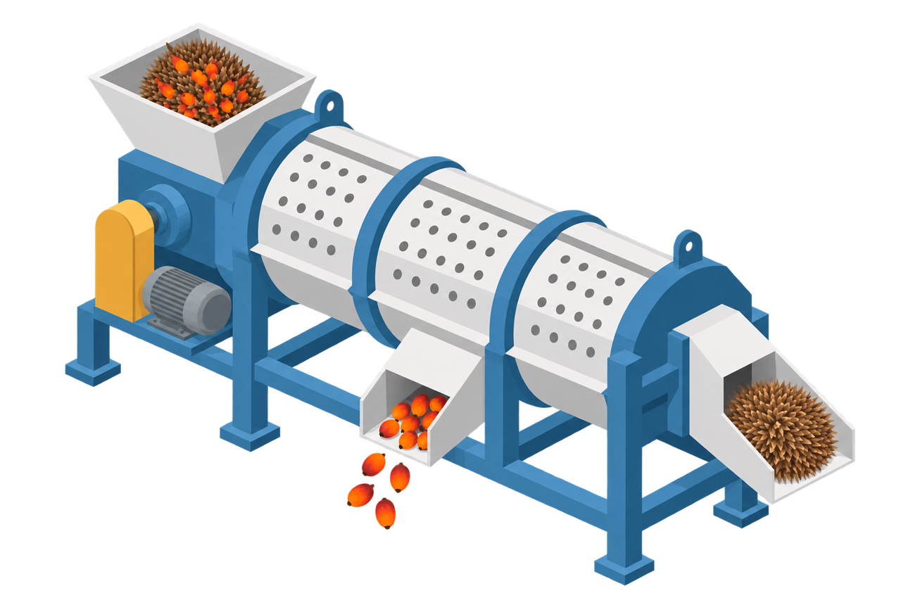 Illustration of a thresher separating fruit from empty bunches